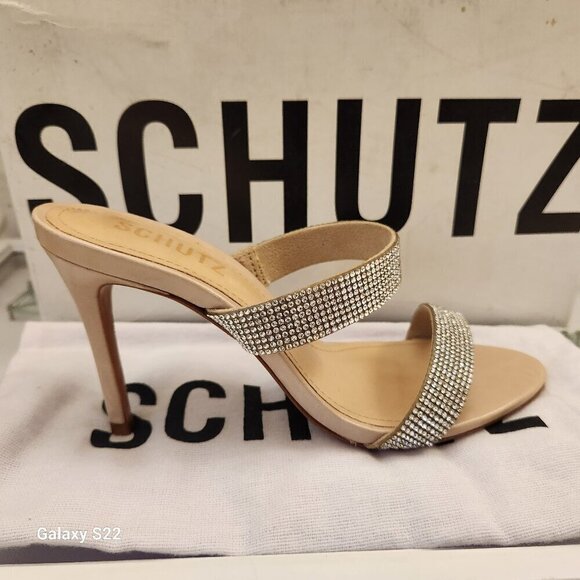 SCHUTZ Womens Beige Double Band Beatriz Toe Stiletto Slip On Leather Sandals 5.5 - Picture 1 of 12